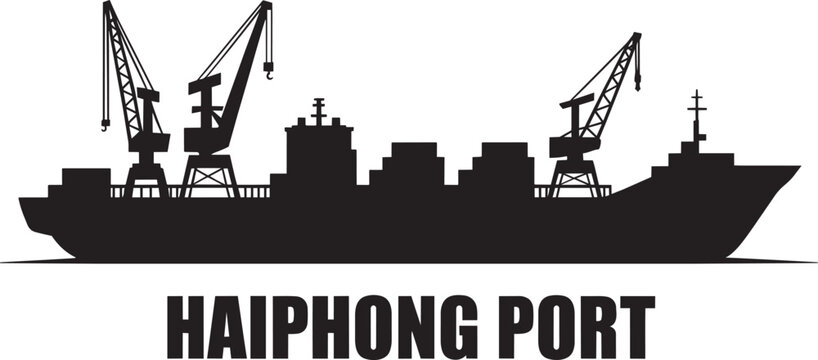 Haiphong port silhouette vector with vietnamese cargo ship and terminal crane graphic design art