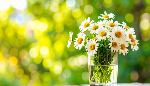 Flores margaritas blancas en vaso de cristal, con luz natural suave, sobre fondo verde, imagen primaveral y natural concepto de calma, belleza, bienestar, amor, feminidad y salud natural