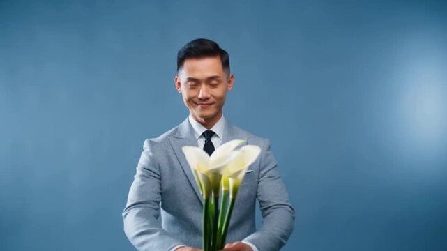 East asian businessman in a grey suit offers calla lilies with a confident smile on a slate blue background, the concept of business charisma and respectful attention