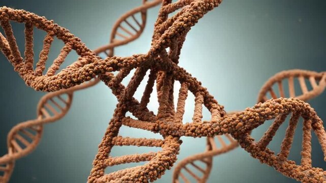 Closeup of a dna double helix structure with brown texture on a gradient blue background