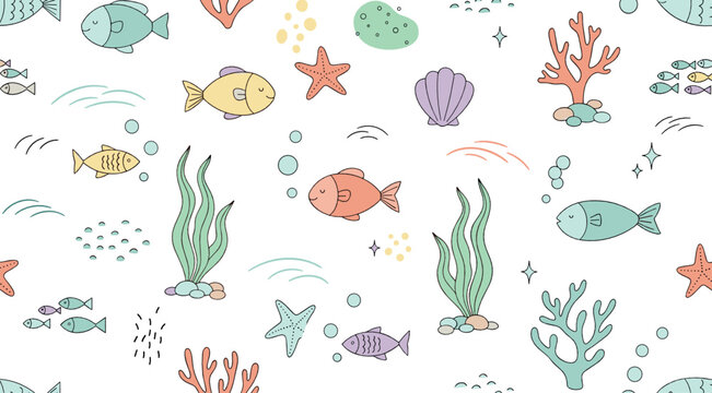 Cute pastel ocean pattern vector set with colorful fish, coral, seaweed, starfish, bubbles, and playful underwater cartoon elements