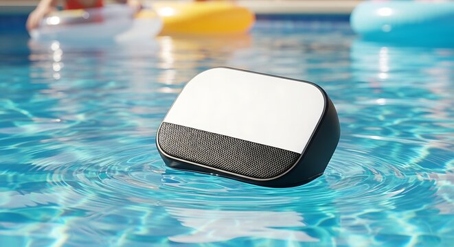 Waterproof Bluetooth Speaker Floating in Swimming Pool with Inflatable Rings.