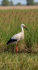 Fototapeta premium White Stork Standing Gracefully in Lush Green Field on a Sunny Day.