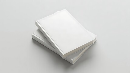 Two blank white books stacked on a light gray surface with minimalist background.