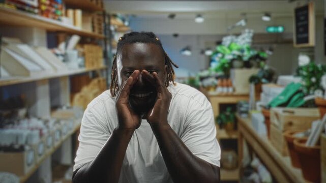 Man cups hands to mouth calling out inside a building shop aisle filled with home decor shelves and pottery; joyful call.