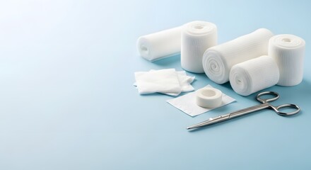 Sterile wound dressing supplies and essential medical instruments on a clean blue background, illustrating a comprehensive first aid and healthcare medicine concept.