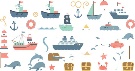 Cute nautical vector set with boats, ships, dolphins, anchors, lighthouse, treasure chests, lifebuoys, and playful ocean cartoon elements © Sanjida
