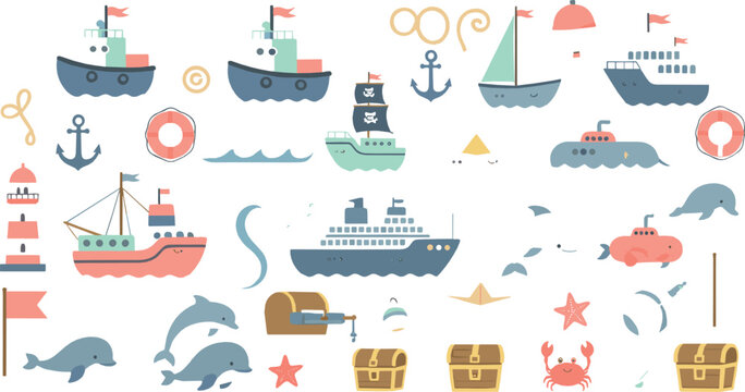 Cute nautical vector set with boats, ships, dolphins, anchors, lighthouse, treasure chests, lifebuoys, and playful ocean cartoon elements