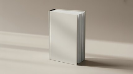 A blank white book standing tall on a neutral background with soft lighting.