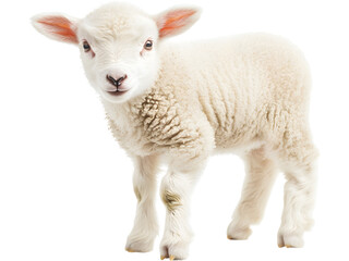 Fototapeta premium Cute young lamb standing isolated on transparent background. Farm animal concept symbolizing innocence, nature, rural life and agriculture.
