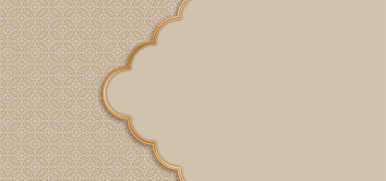 Arabic style Banner. Traditional oriental ornamental background with gold frame. Islamic style border frame design