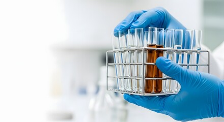 Scientist's gloved hands holding a test tube rack in a clean laboratory for a medical research concept focusing on diagnostics and scientific discovery