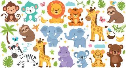 Obraz premium Cute baby jungle animals vector set with lion, elephant, giraffe, monkey, sloth, zebra, tiger, and adorable cartoon wildlife characters