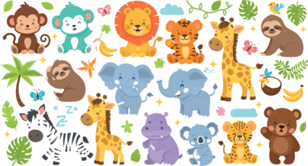 Wandcirkels Dierentuin Cute baby jungle animals vector set with lion, elephant, giraffe, monkey, sloth, zebra, tiger, and adorable cartoon wildlife characters  © Sanjida