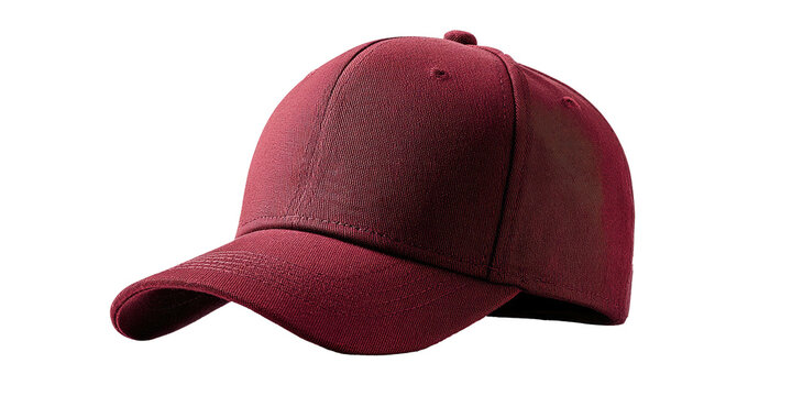 A maroon-colored baseball cap on a black background. Simple, stylish headwear, angled to showcase its features