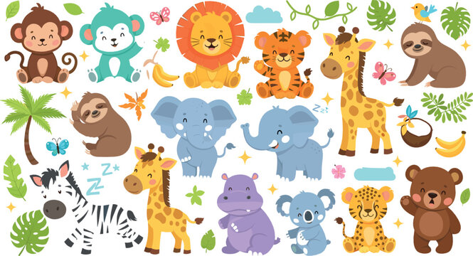 Cute baby jungle animals vector set with lion, elephant, giraffe, monkey, sloth, zebra, tiger, and adorable cartoon wildlife characters