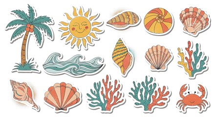 A colorful illustration of beach and ocean elements on a white background