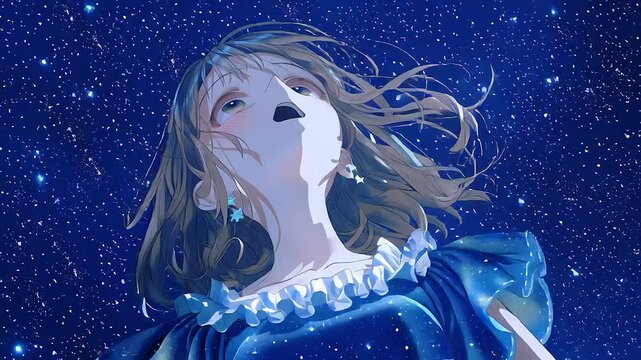 Fantasy anime girl wearing a starry sky dress, looking up
