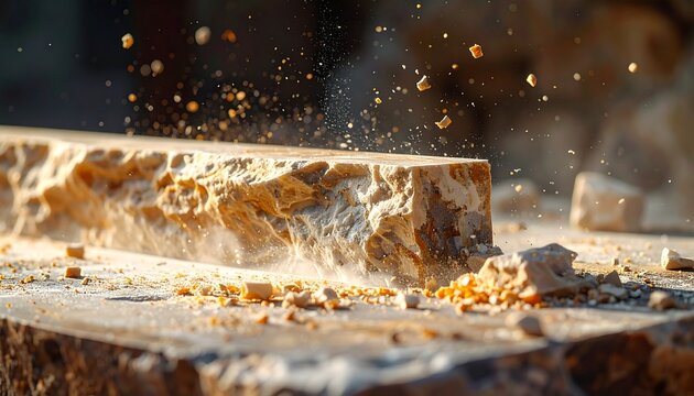 Construction workers cut stone in a workshop using heavy tools in the early morning hours as dust flies in the air
