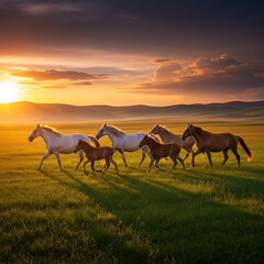 Wild horses galloping across a vast green field at sunset with a dramatic sky.