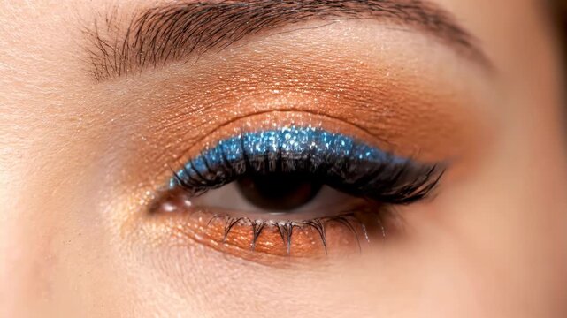 Macro shot of a female eye featuring blue glitter eyeliner and bronze eyeshadow. Perfect for beauty salon banners, makeup tutorials, cosmetics advertising, and fashion magazines.
