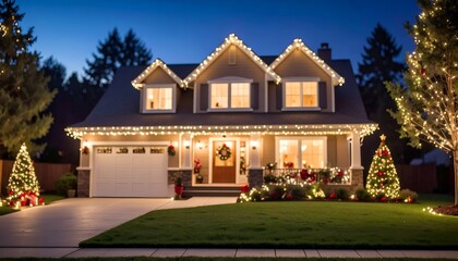 Evening suburban home festively decorated for winter holidays with lights