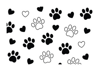 Fototapeta premium Adorable Paw Prints and Hearts Pattern Vector illustration Black and White