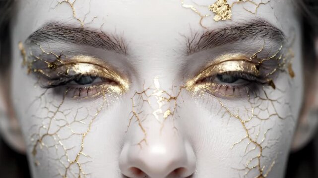 Extreme close-up of blue eyes with avant-garde gold kintsugi makeup. Pale white skin features golden cracks, creating a surreal porcelain or marble effect. Artistic, high-fashion portrait.
