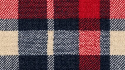 Fototapeta premium Close-up of red, navy, and cream plaid woolen fabric pattern in checkered design for textiles and fashion
