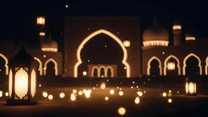 Nighttime illumination of islamic architecture with floating lanterns.