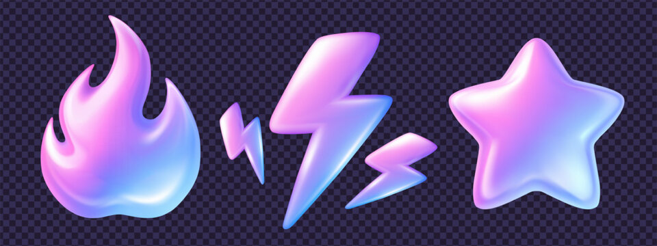 Set of 3d holographic glass y2k icon elements featuring flame, lightning and star with bright hologram reflections and smooth gradients. Great for dynamic 3d y2k icon projects.