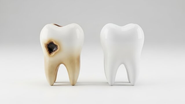Comparison of decayed and healthy teeth on gray background highlighting dental health and hygiene importance
