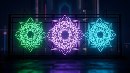 Three Neon Geometric Mandala Patterns in Night Scene.