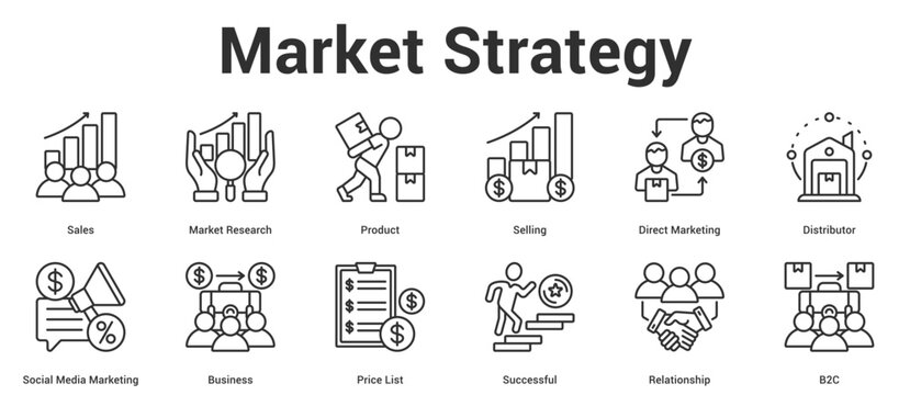 Market Strategy icon set collection vector illustration concept for business with icon of Sales, Market Research, Product, Selling, Direct Marketing, Distributor, Social Media Marketing, Business, Pr.