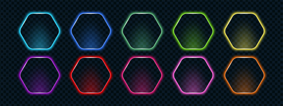 Neon call action hexagon frame set in multicolor glowing tones: blue, green, yellow, red, pink and orange. Futuristic luminous polygon shapes for UI elements.