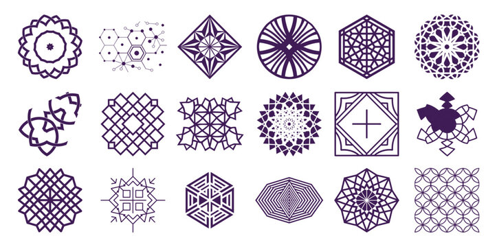 Collection of intricate geometric purple patterns and abstract shapes white