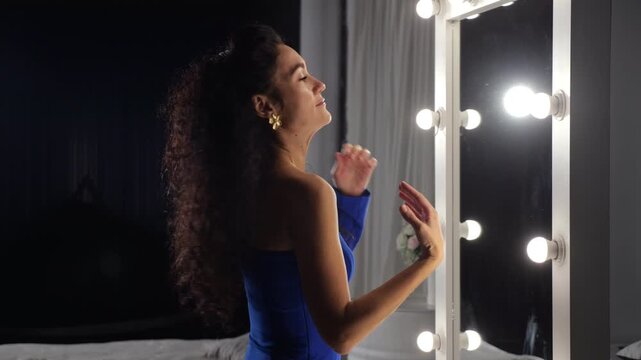 Calmly Dressed Woman Anticipates Event, Serene Female Gracefully Prepares Herself For Upcoming Occasion, Refined And Elegant Woman Awaits With Peaceful Anticipation Before Event Begins