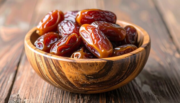 Dates in a Wooden Bowl on a Wooden Table.