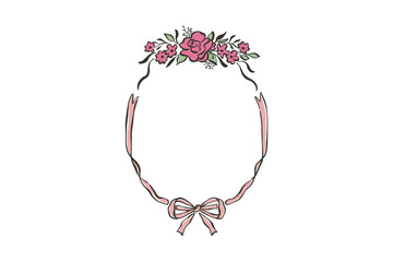 Spring hand drawn floral oval frame with pink roses and ribbon bow, elegant border design for wedding invitation or greeting card isolated on transparent background