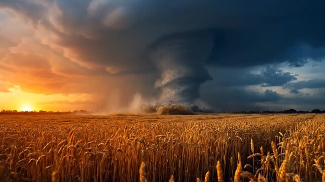 Massive tornado rips through golden wheat field at sunset, dramatic storm clouds gather.