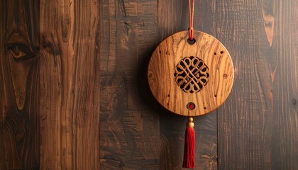 Wooden round ornament with intricate carved design, hanging on wood