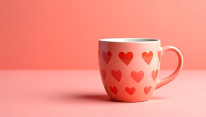 Pink mug adorned with red hearts on a matching pink background