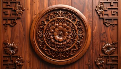 Intricate wooden door with ornate circular floral carving and decorative panels