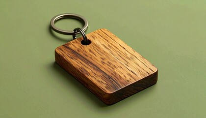 A wooden rectangle keychain with a metal ring on a textured green surface
