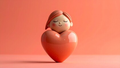 Ceramic figurine of a girl atop a heart, soft focus, peachy background
