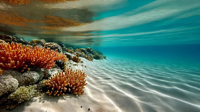 Tranquil coral reef underwater: vibrant marine life and crystal clear ocean waves