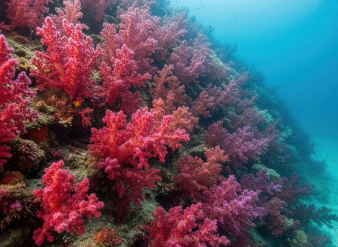 Vibrant Red Soft Corals Flourishing on a Tropical Reef Slope Underwater, showcasing Healthy Marine Biodiversity.