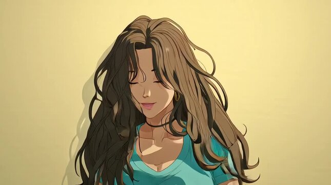 Animation of Busty Anime Woman Flipping Her Hair While Smiling with Confident Expression