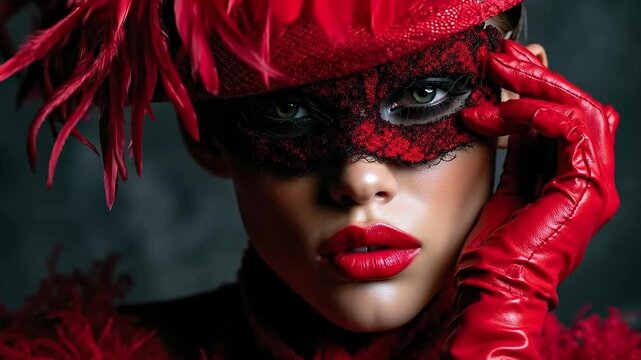 A woman wearing a red mask and red gloves