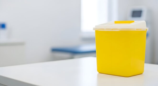 Yellow biohazard sharps container for medical waste disposal in a sterile clinic environment, highlighting safety concept